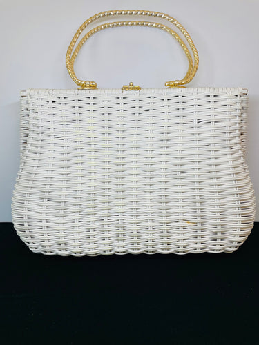 Large Woven White Wicker Purse with Gold Handles